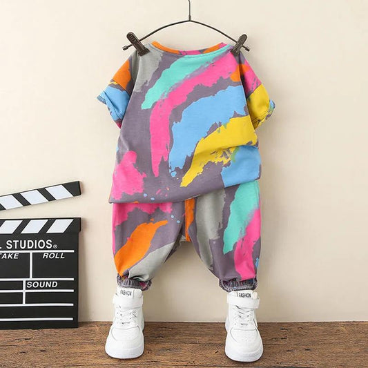 Two-piece Suit Children's Clothing Boys Summer Suit 3D Printing Graffiti Foreign-style Baby Fashionable Clothes Children Handsome Short-sleeved