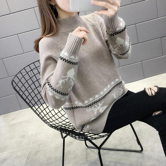 Autumn and Winter Thick Sweater Fawn Pattern Jacquard Knitted Bottoming Shirt Loose and Simple Women's Top