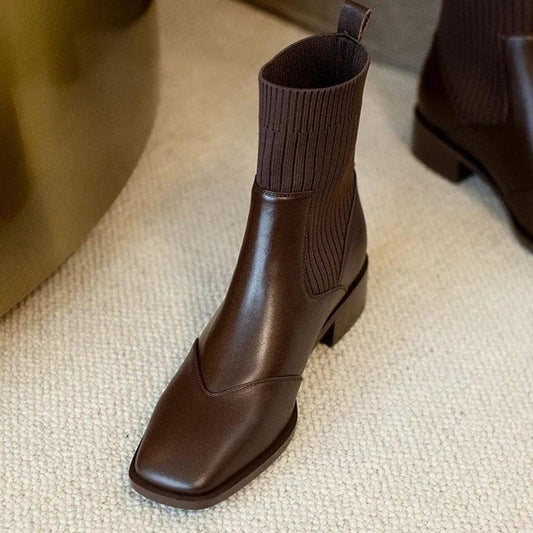 Chelsea Boots Flat Short Boots Autumn and Winter British Style Winter Boots Thick Heel Knitted Stretch Martin Boots Women