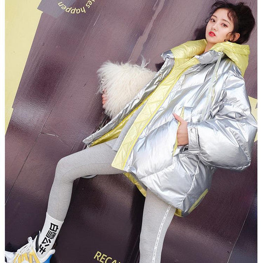 Winter White Duck Down Loose Hood Contrast Color Short Bread Jacket Ladies Down Jacket
