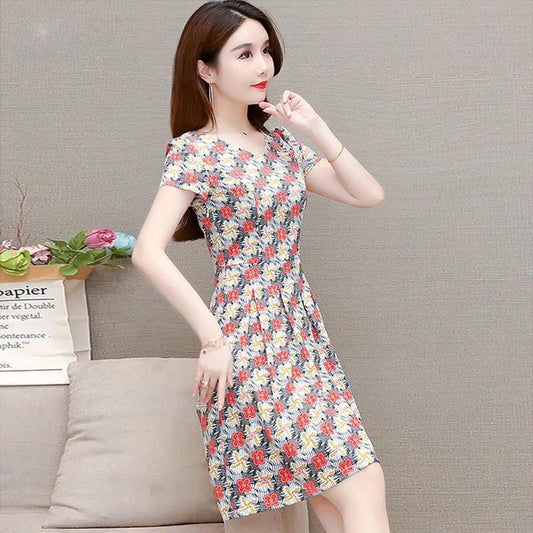 Women's Summer Print Mid-Length Dress Large Size Loose V-Neck A-Line Skirt