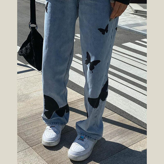 WTEMPO Butterfly Print Women's High Loose Casual Washed Denim Waist Straight Super Long Wide Leg Pants