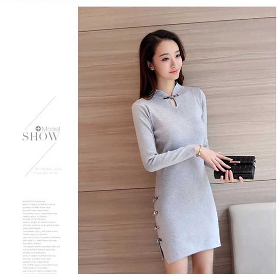 Winter China Style Sexy Slim Bodycon Knit Skirt Traditional Buckle Bottom Sweater Dress