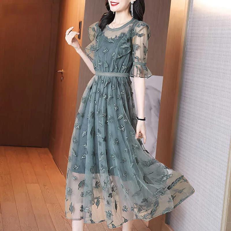 Heavy Industry Embroidery Flower High-end Dress Spring French Waist Slim Ruffled Mesh Skirt Women's Sweet Waist Mesh Skirt