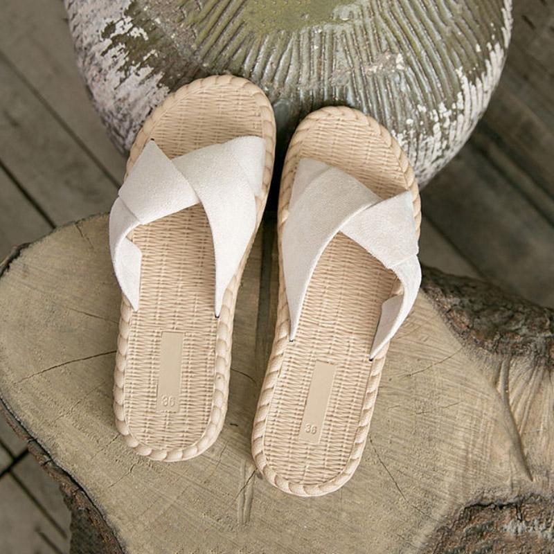 Women Home Summer Sandals Slippers Ladies Bohemia Linen Indoor Floor Shoes Cross Belt Silent Slippers