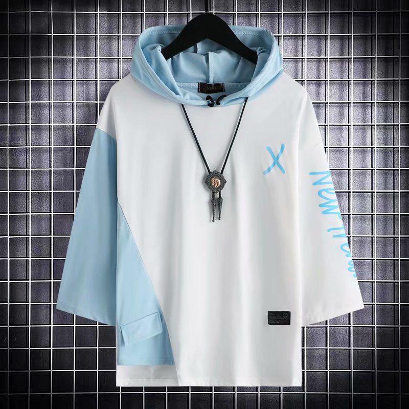 Summer Short-sleeved Suit Male Student Korean Version Trend Loose Hooded Three-quarter Sleeve Top Hong Kong Style Sports Pants Two-piece Set