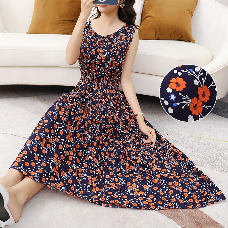 Women Ethnic Print Dress Summer Bohemia Round Neck Sleeveless Cotton Silk Loose High Waist Vest Beach Skirt