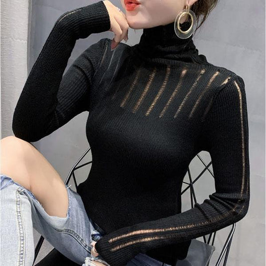 Base Sweater Women's Self-cultivation Pullover Hollow Knit Sweater Women's Long-sleeved Pile Turtleneck Sweater Top