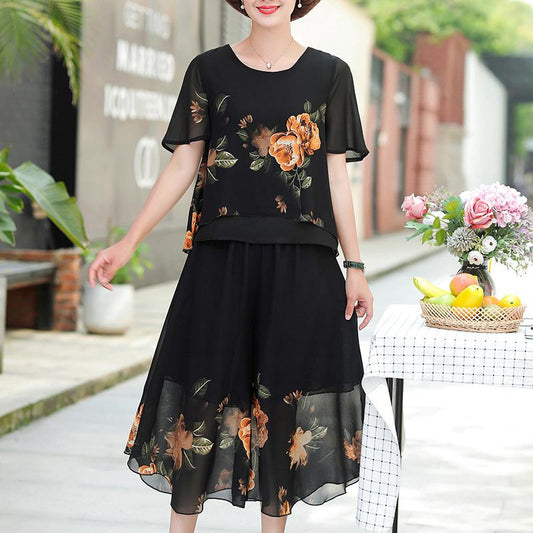 WTEMPO Middle-aged Women's Plus Size 2pcs Chiffon Shirt Pants Suit Spring and Summer Short Sleeve Loose Casual Printing Two-piece Set