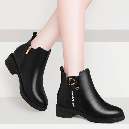 High-quality Soft Leather Short Boots Women's Thick Heel Women's Boots Winter Mom Women's Shoes All-match Flat Chelsea Boots