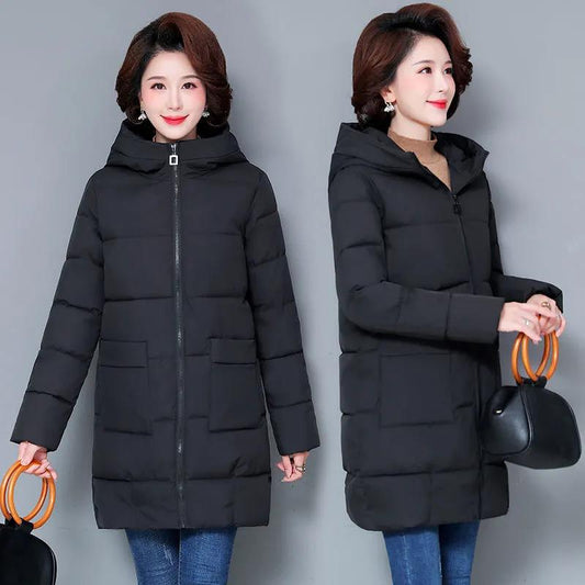 Winter Down Jacket Fashion Solid Color Hooded Parka Coat Thick and Warm Mid-length Down Cotton Jacket for Women