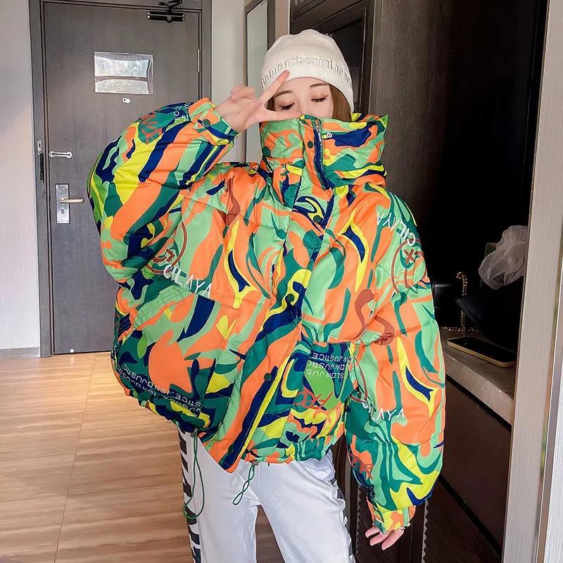 Women's Printed Short Down Jacket Winter Korean Style Loose Quilted Jacket Casual Stand-up Collar Hooded Padded Jacket Quilted Jacket