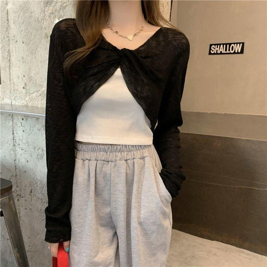 Blouse Women's Knitted Blouse Small Irregular Short Section Knotted Thin Section Summer V-neck Long-sleeved Women’s Tops
