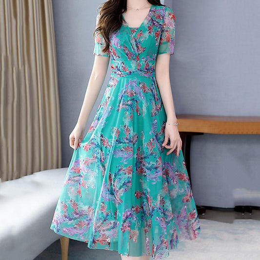 High-end Large Size Dress Ice Silk Fairy Skirt Sweet Floral Temperament Chiffon Summer Dress Waist Thin Fabric Light and Breathable