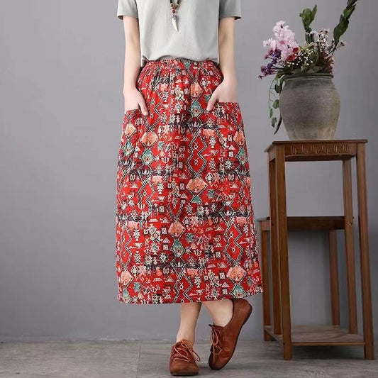 Woman Skirts Female Elastic High Waist Printed Skirt Summer Breathable A-line Skirts Vintage Color Matching Mid-length Skirt