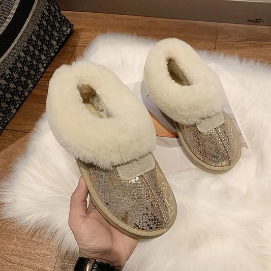 Snow Boots Women's Fur One Low Cut Plus Velvet Thickened Non-slip Wool Cotton Boots Winter Warm Cotton Shoes