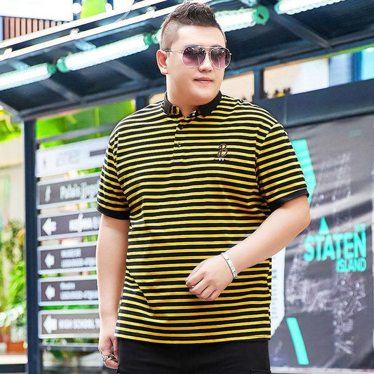 Fat Male Plus Fat Plus Size Striped Loose Short-sleeved T-shirt Fat Male Lapel Half-sleeved Polo Shirt