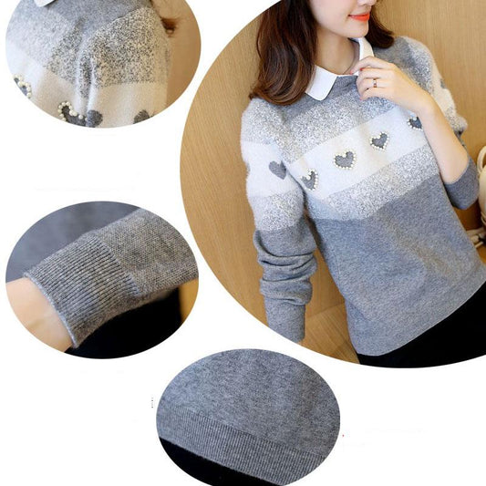 Autumn Winter Korean Short Pullover Sweater Lapel Loose Sweater Coat Sweet Beaded Fake Two pieces Sweaters for Students Office Ladies