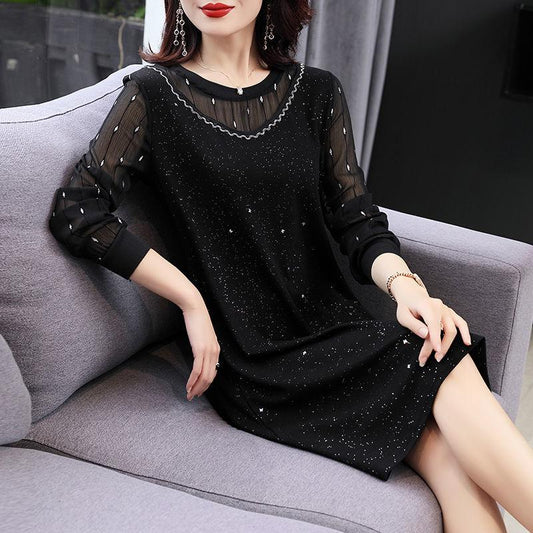 Elegant Women's Party Dress Mesh Long Sleeve A-Line Dress Beading Long Sleeve Dress Spring Tunic Neck Straight Dress