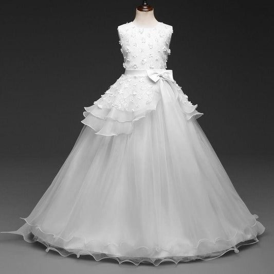 Girls Long Princess Dress Skirt Mopping Dress Net Gauze Tutu Skirt Floral Middle-aged Child Dress Performance Dress