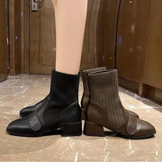 Women's Thick Heel Fashion Boots Autumn and Winter Trend All-match High-heeled Boots Short Tube High-top Shoes Microfiber Sock Boots
