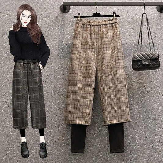 Plus Size Autumn and Winter Fat Sister 200 Kg High Waist Straight Loose Fake Two-piece Woolen Plaid Pants Fake Two-piece Leggings