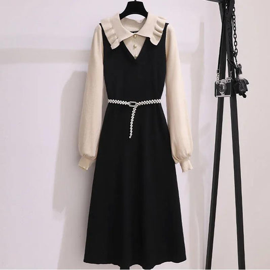 French A-line Board Waist Dress New Autumn and Winter with Fake Two-piece Base Skirt with Coat Long Skirt Temperament Suit