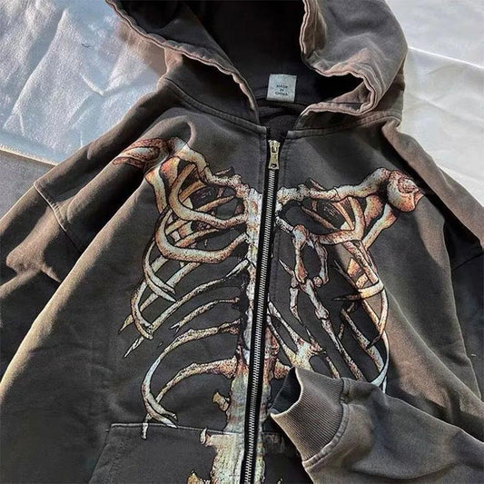 Men and Women Retro Dark Style Hooded Sweater Bone Old Zipper Sweater Oversize Street Hiphop Retro Cardigan