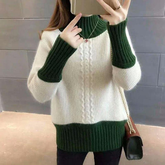 Autumn and Winter Cropped Sweater Pullover Loose Color Matching Jacket Half High Neck Knitted Female Top
