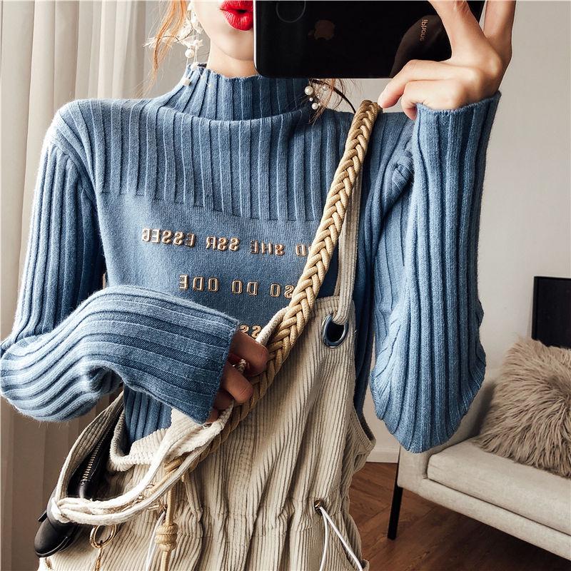 Pofulove half-high collar bronzing alphabet knit base shirt ladies wild loose pullover tide