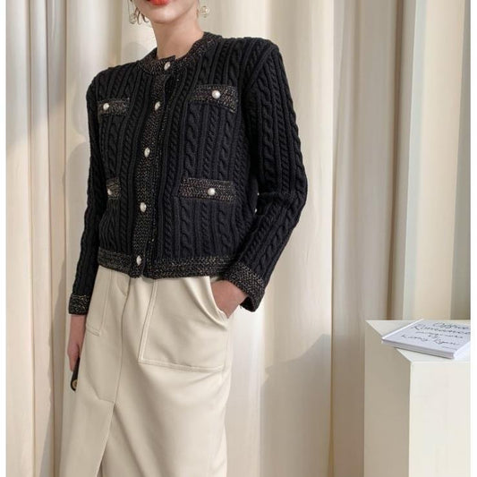 Women's Short Knitted Cardigan Autumn Winter Solid Color Sweater Coat Women's Pearl Button Twist Knit Top Cardigan Sweaters with Pockets