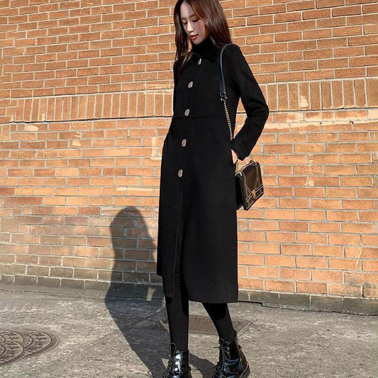 Autumn and Winter Large Size Black Woolen Coat Women's Long Over-the-knee Woolen Coat Loose Thick Coat