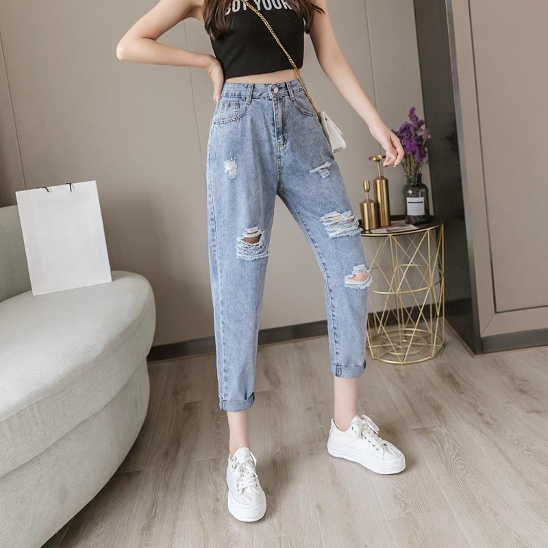 WTEMPO Women's Ripped Jeans Loose and Slim Wide Leg Straight Denim Big Pocket Trousers