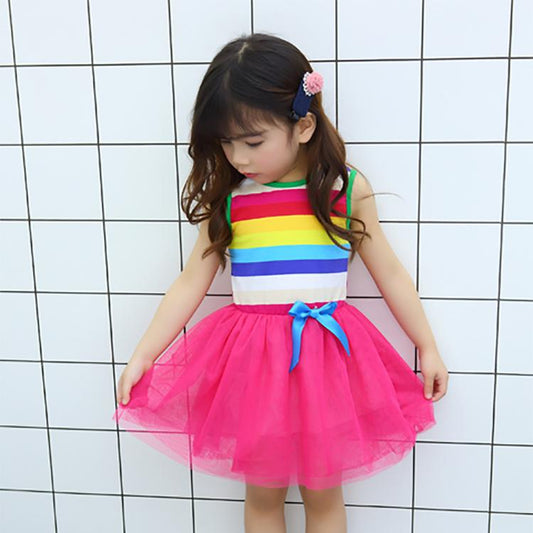 Girls Kids Rainbow Striped Tutu Dress Princess Sleeveless Mesh Dresses Summer Casual