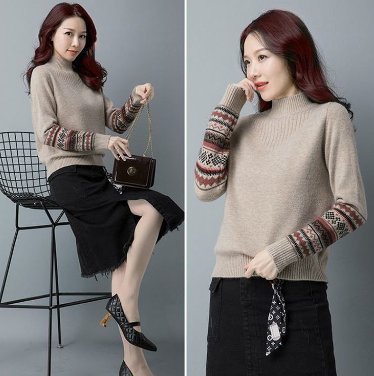 Plus Size Women Vintage Embroidered Sweater Fashion Half Turtleneck Pullover Overwear Long Sleeve Knitwear