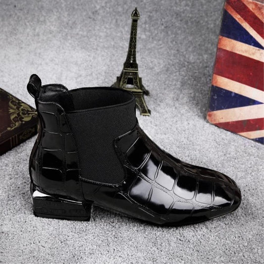 Women Boots Shiny PU Leather Autumn Winter Shoes Woman Spuare Toe Block Heels