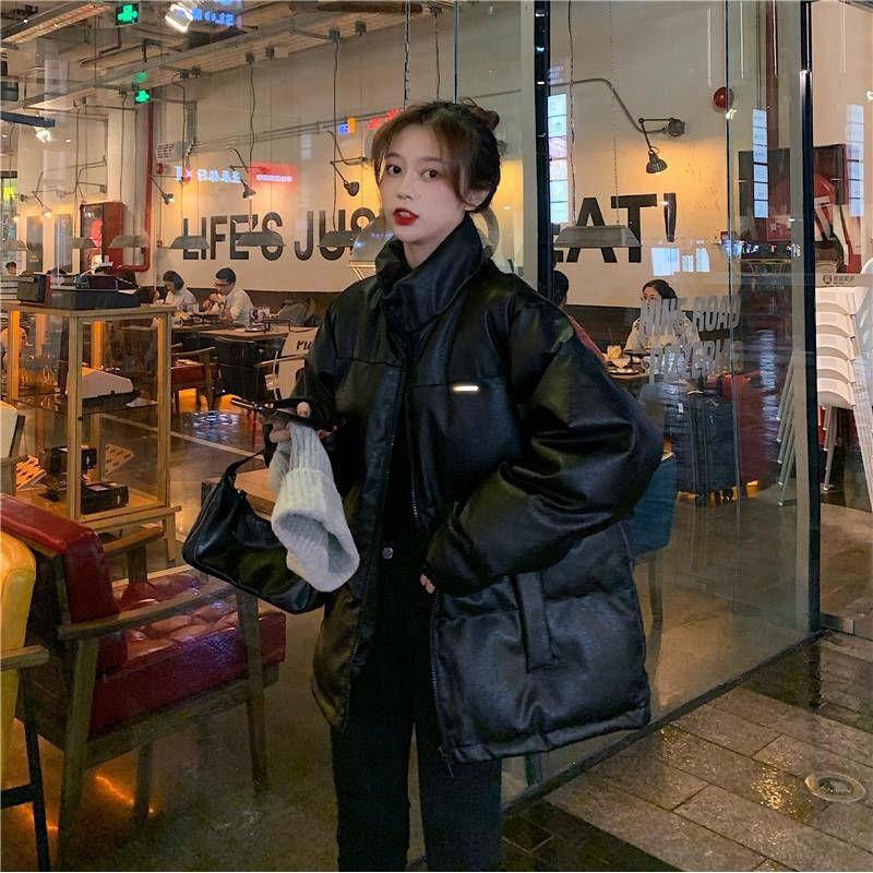 Leather Coat for Women Warm Winter Jackets Black Loose Casual Parkas 2021 Ins New Fashion Streetwear Harajuku Jacket Down Coats Ladies