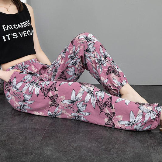 Summer Cool and Sunscreen Anti-mosquito Cotton Silk Beach Pants Cotton Silk Lantern Rayon Trousers Women Loose Harem Pants Feet Thin