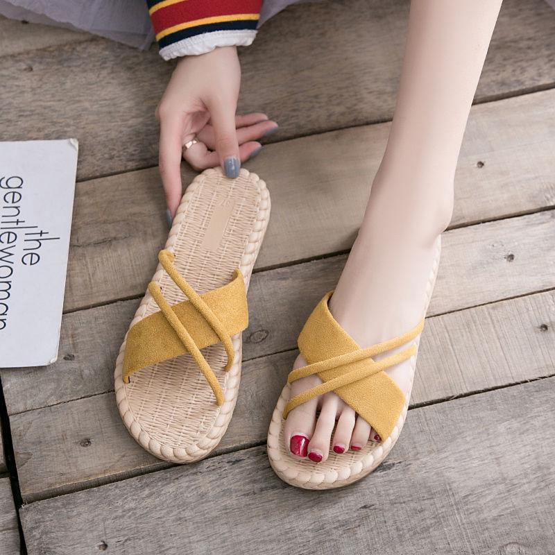 Summer Shoes Women Fashion Slides Slippers Ladies Cross Bandage Slipper for Women Linen Straw Slippers Non-slip Slide On