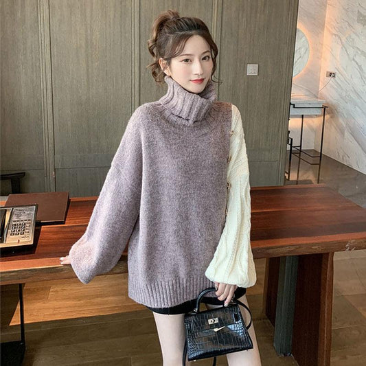 Autumn and Winter Loose Turtleneck Sweater Casual Color Matching Diagonally Buttoned Top Fashion Knitted Women's Jacket