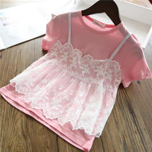 Cotton Girl Fake Two Summer T -shirts Female Baby Children's Children's Clothing Lace Wild Short Sleeve Top