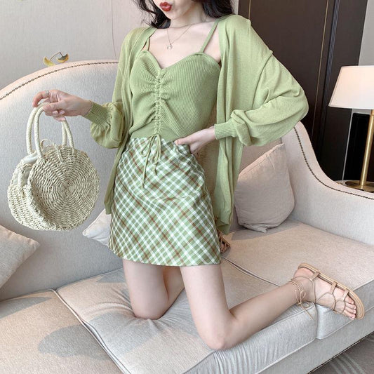 Small Fresh Women's Suit Skirt Summer Fashion New Avocado Green Cardigan Drawstring Suspender Vest Lattice Skirt