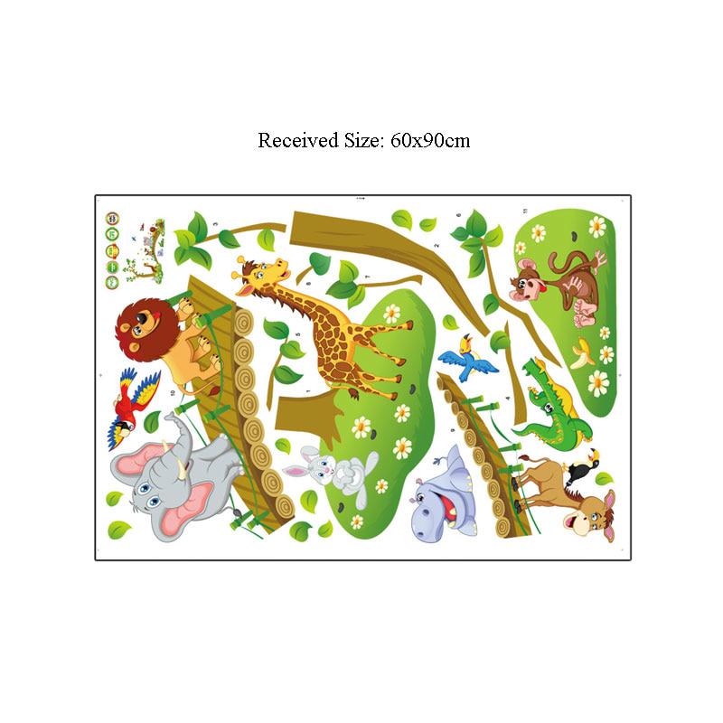 3d Cartoon Wall Stickers Jungle Wild Animal Tree Bridge Lion Giraffe Elephant Birds Flowers For Kids