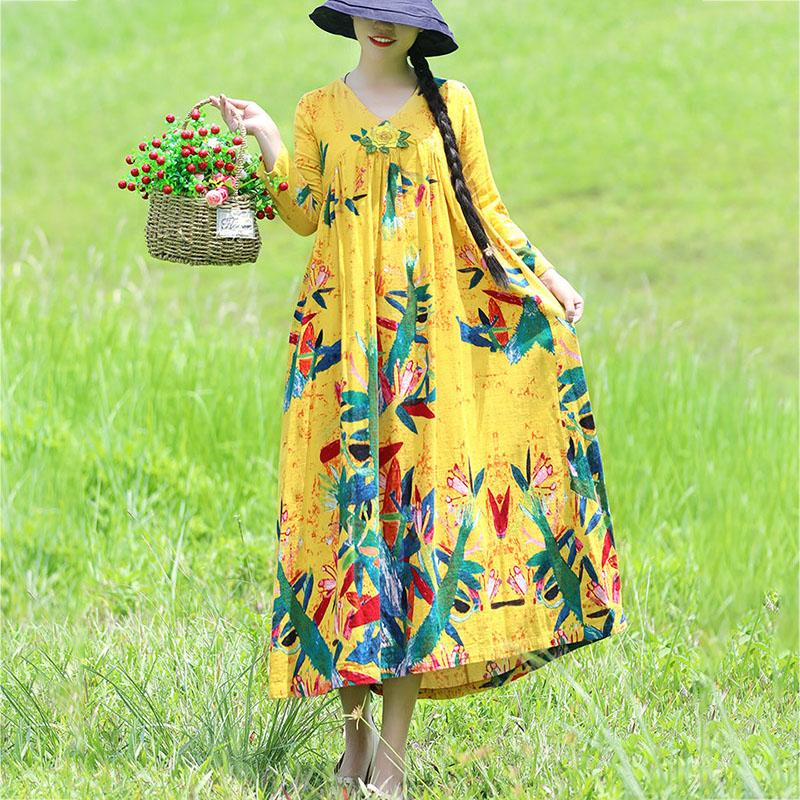 Ethnic Style V-neck Embroidery Long-sleeved Dress Bohemian Style Spring and Autumn Large Size Loose Middle Calf Length