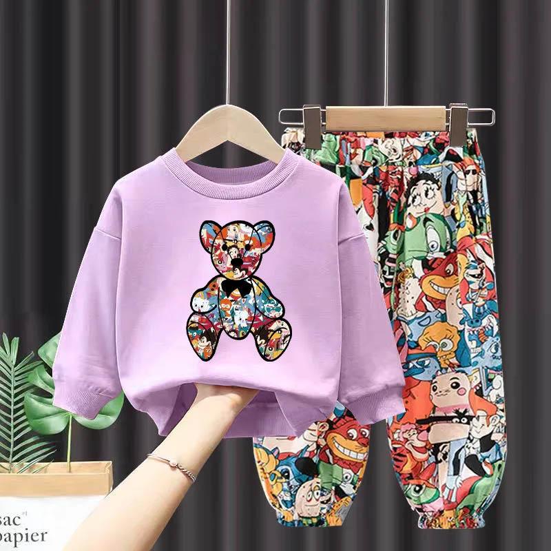 Boys and Girls Wear Cute Bear Print Sweater + Anime Print Pants Casual Loose Spring and Autumn Comfortable Breathable Sweat Two-piece Suit