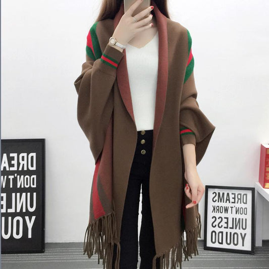 Thicken and Increase Cashmere Feel Long Tassel Shawl Knitted Cardigan Striped Sweater Coat Warm Wrap Women Spring and Autumn
