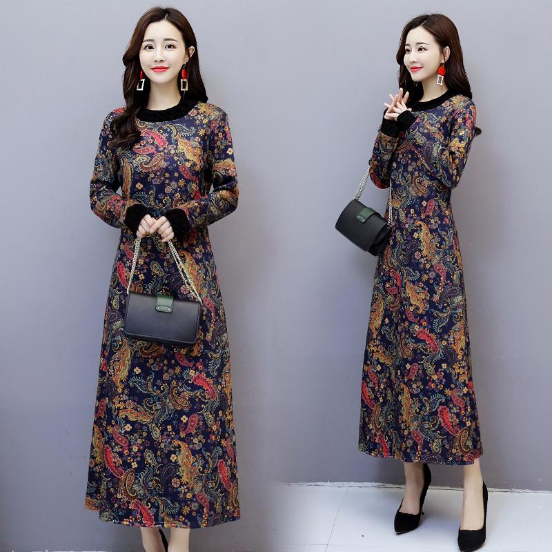 Pofulove Retro Plus Velvet Dress Female Turtleneck Over Knee Long Skirt Plus Size Cover Belly Fat