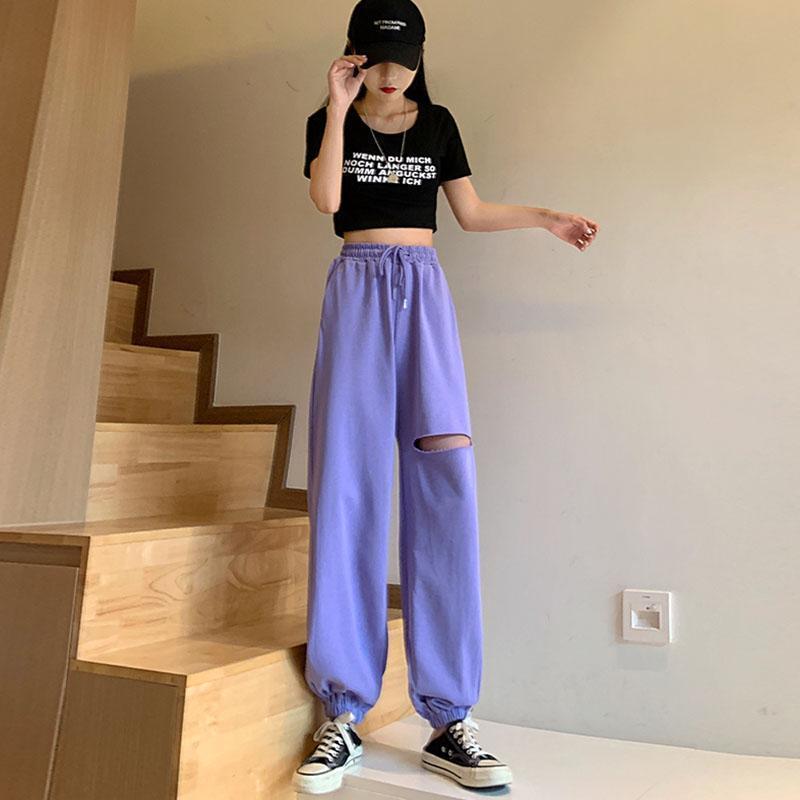Women's Gray Sweatpants Loose Feet Summer Thin Casual Looking Thin All-match Purple Pants Hole Harem Sweatpants