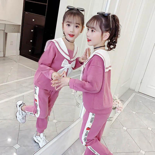Girls' College Style Long-sleeved Printed Pullover Sweater Spring and Autumn Children's Clothing Girls Casual Fashion Top Pants Two-piece Set
