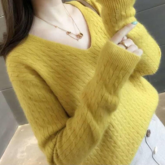 V-neck Sweater Women Spring and Autumn Loose Short Bottoming Shirt Solid Color Stitching Bottoming Blouse Women Pullover